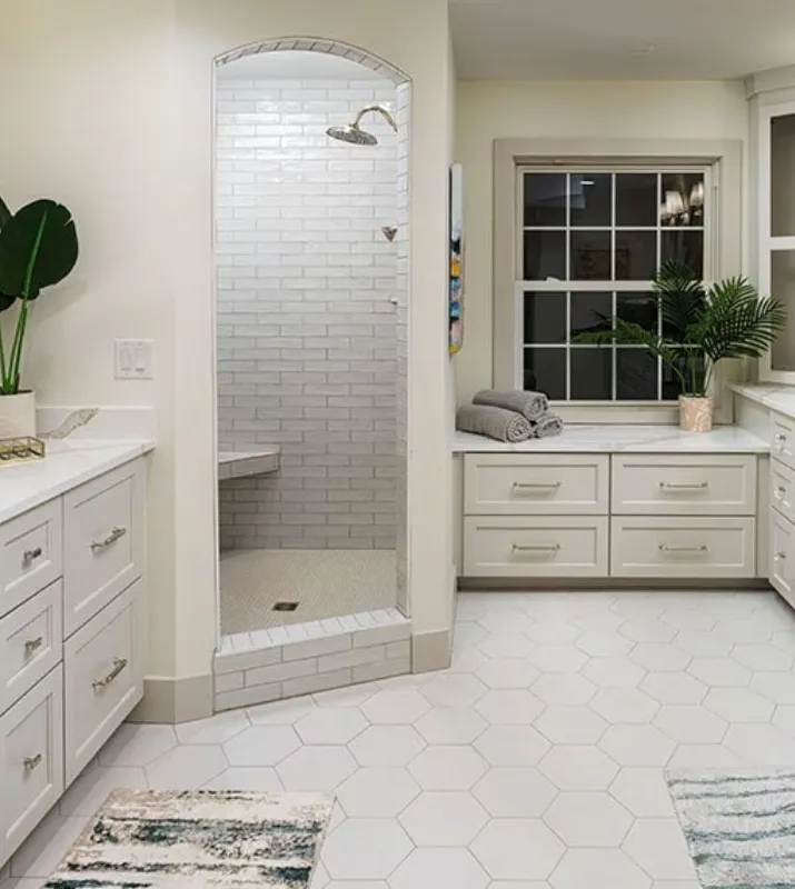 Tile-Bathroom White hexagon tile in bathroom with stand up shower | Floortrends
