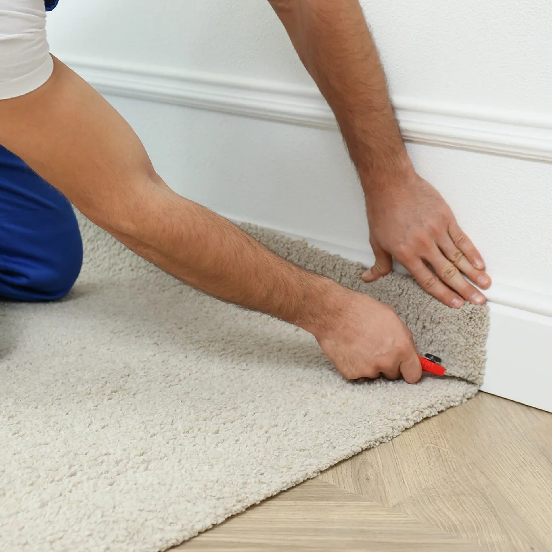 Flooring professional installing carpet