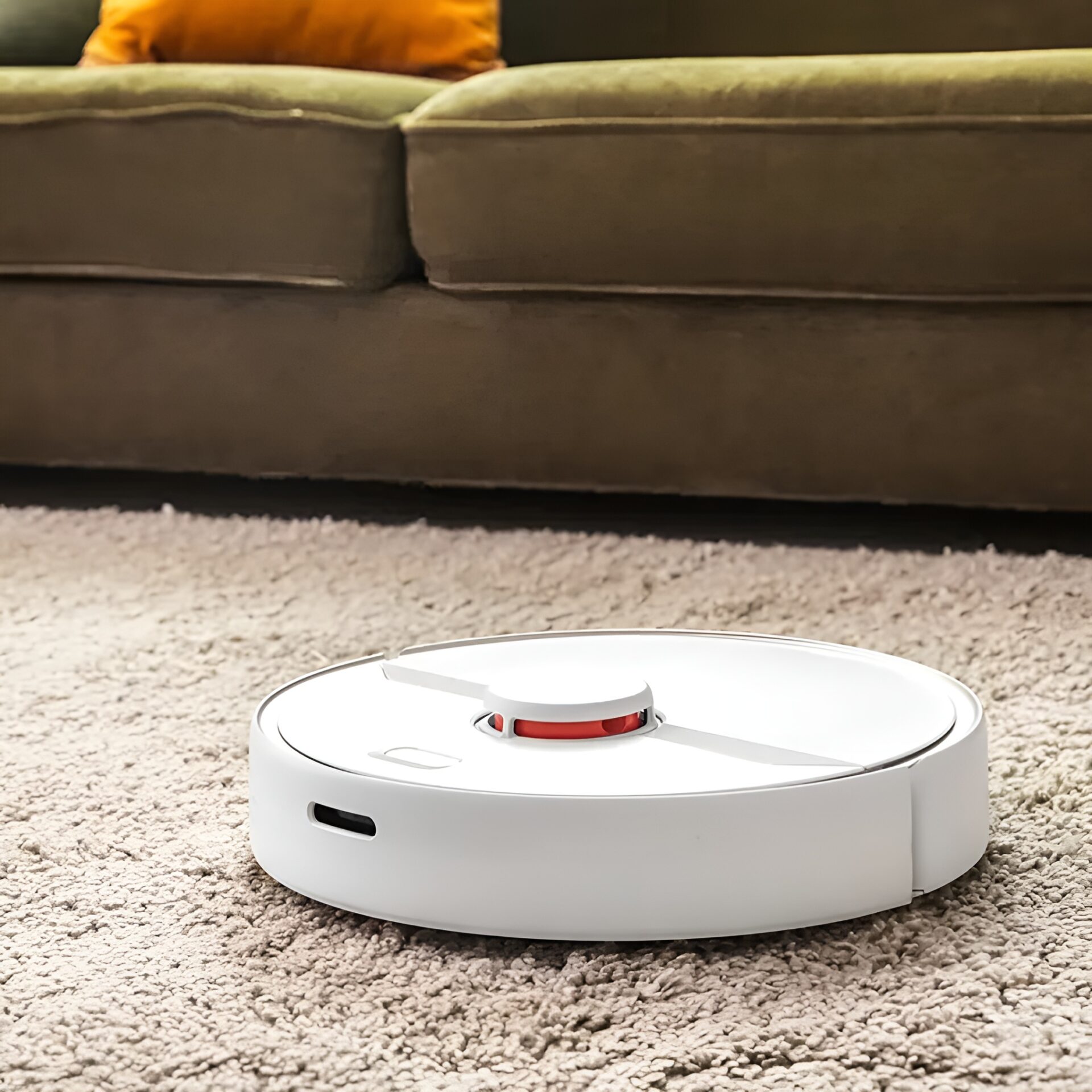 White Roomba vacuum working on carpet
