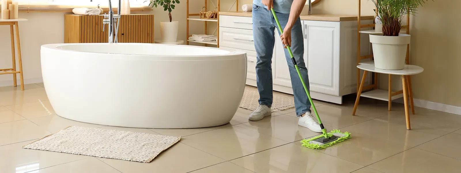 Person mopping tile flooring in bathroom