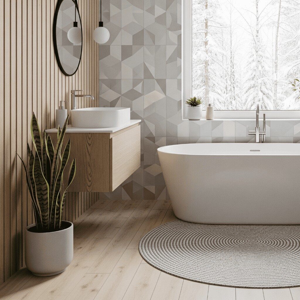 Bathroom with geometric pattern wall tiles
