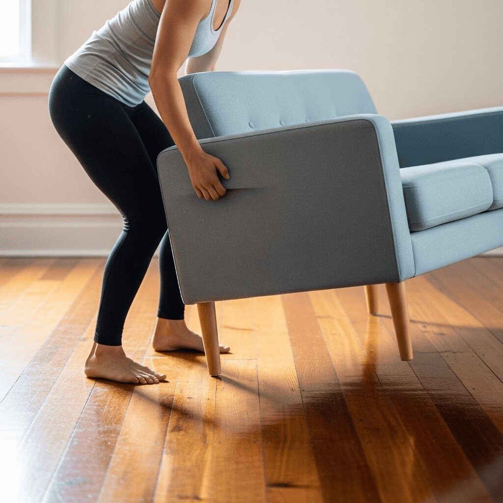 Woman lifting up a blue sofa