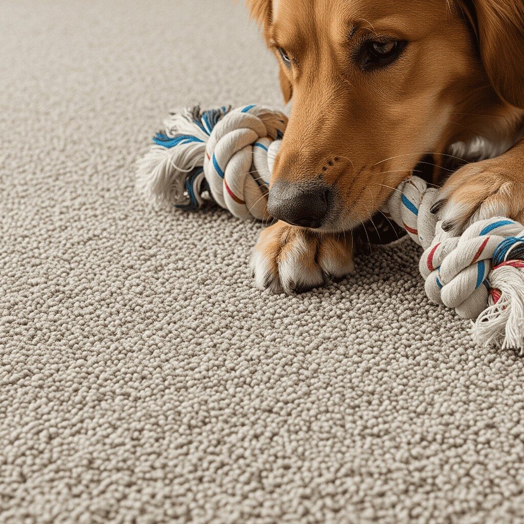 Cute dog playing with his toy on carpeted floor