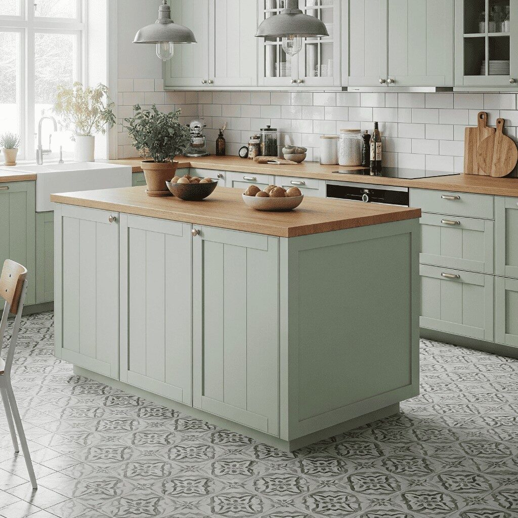 Modern kitchen with light green cabinets and vintage floor tiles