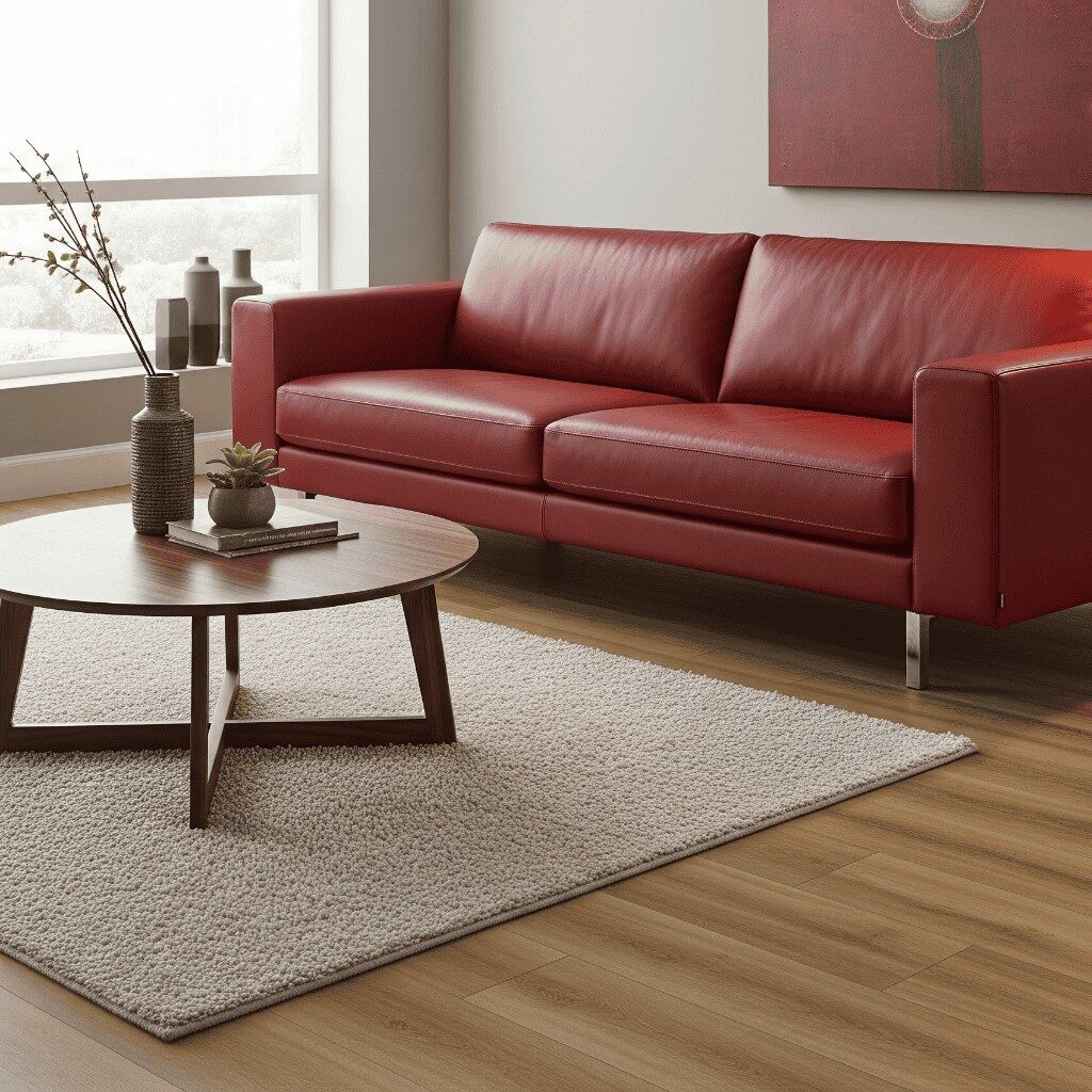 Beautiful luxury vinyl floors in modern living room with red leather sofa