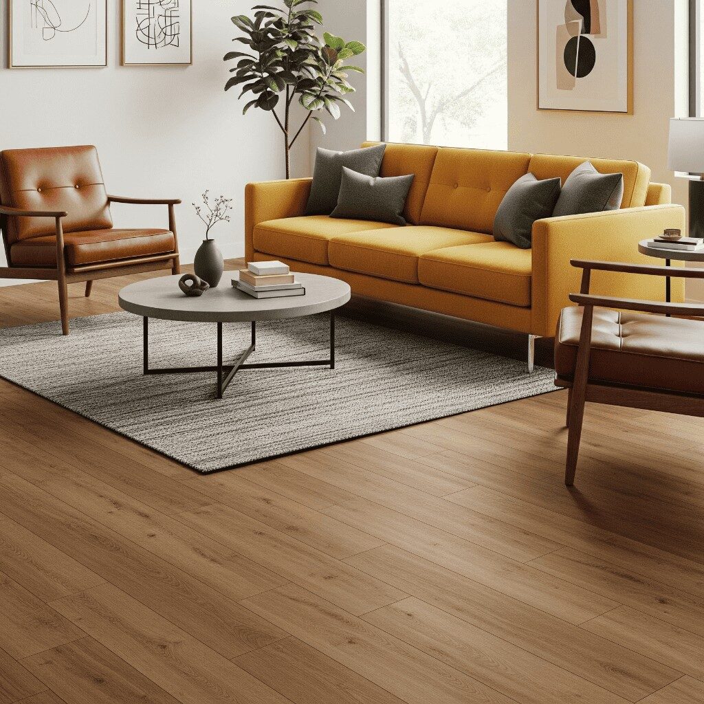 Luxury vinyl flooring in modern living room with orange sofa
