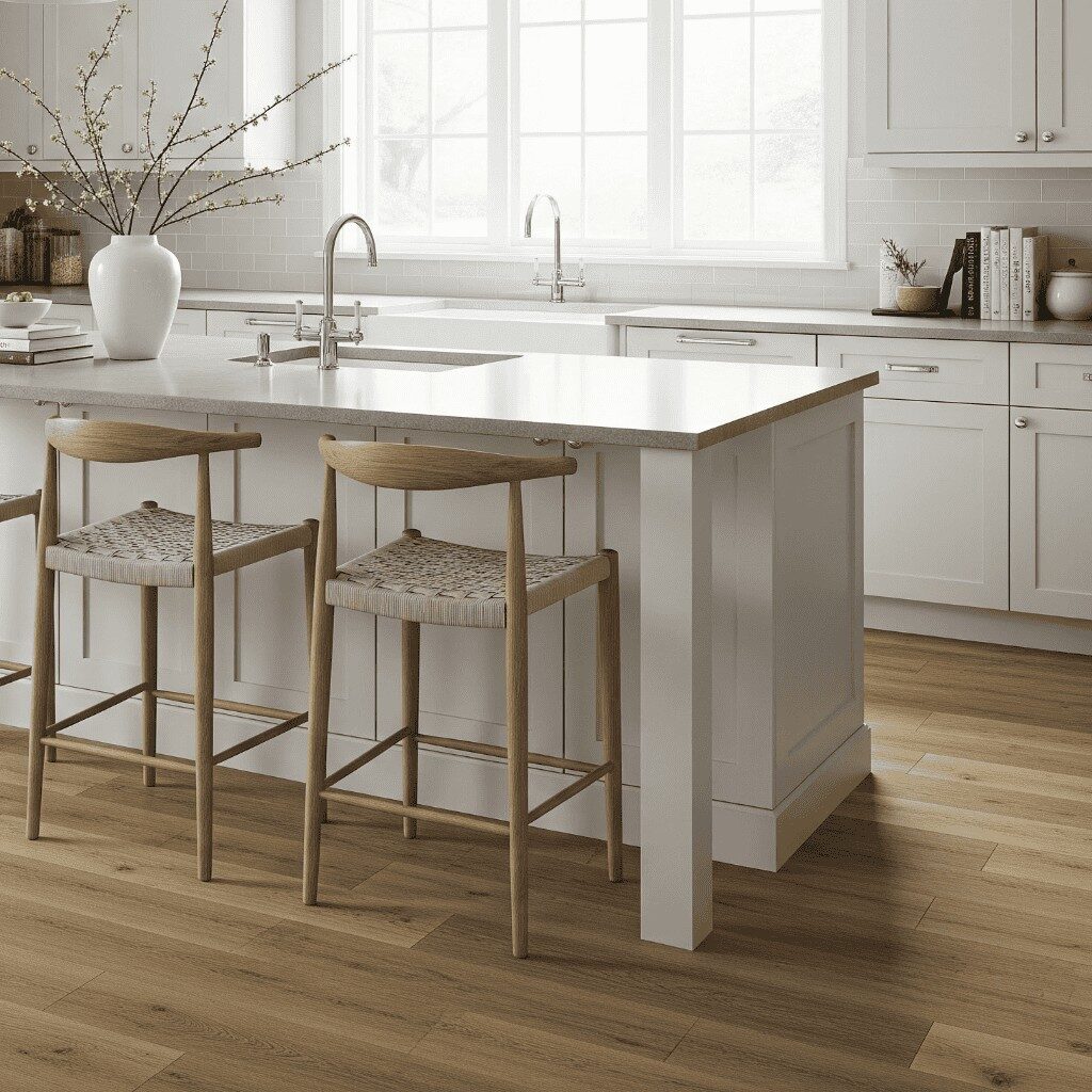 Luxury vinyl flooring in traditional kitchen with white cabinets